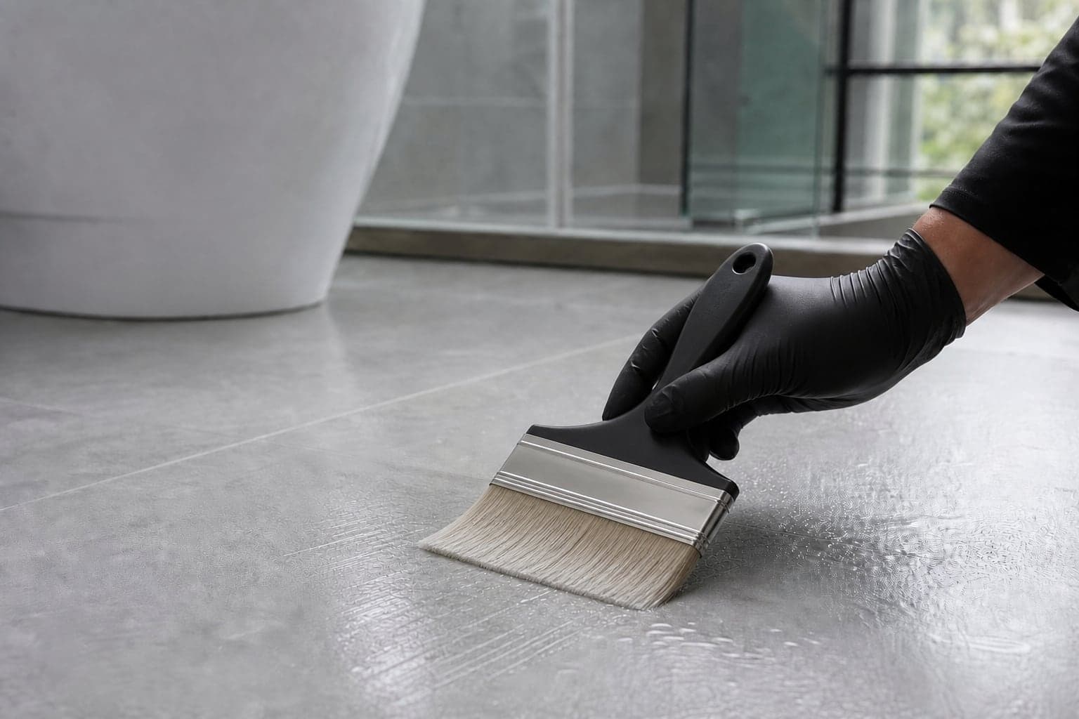 Gloved hand applying clear nano anti slip treatment with a wide paint brush on wet bathroom tiles